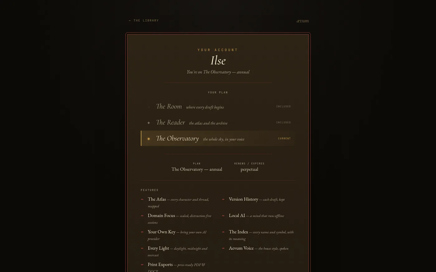 The account page with every tier open