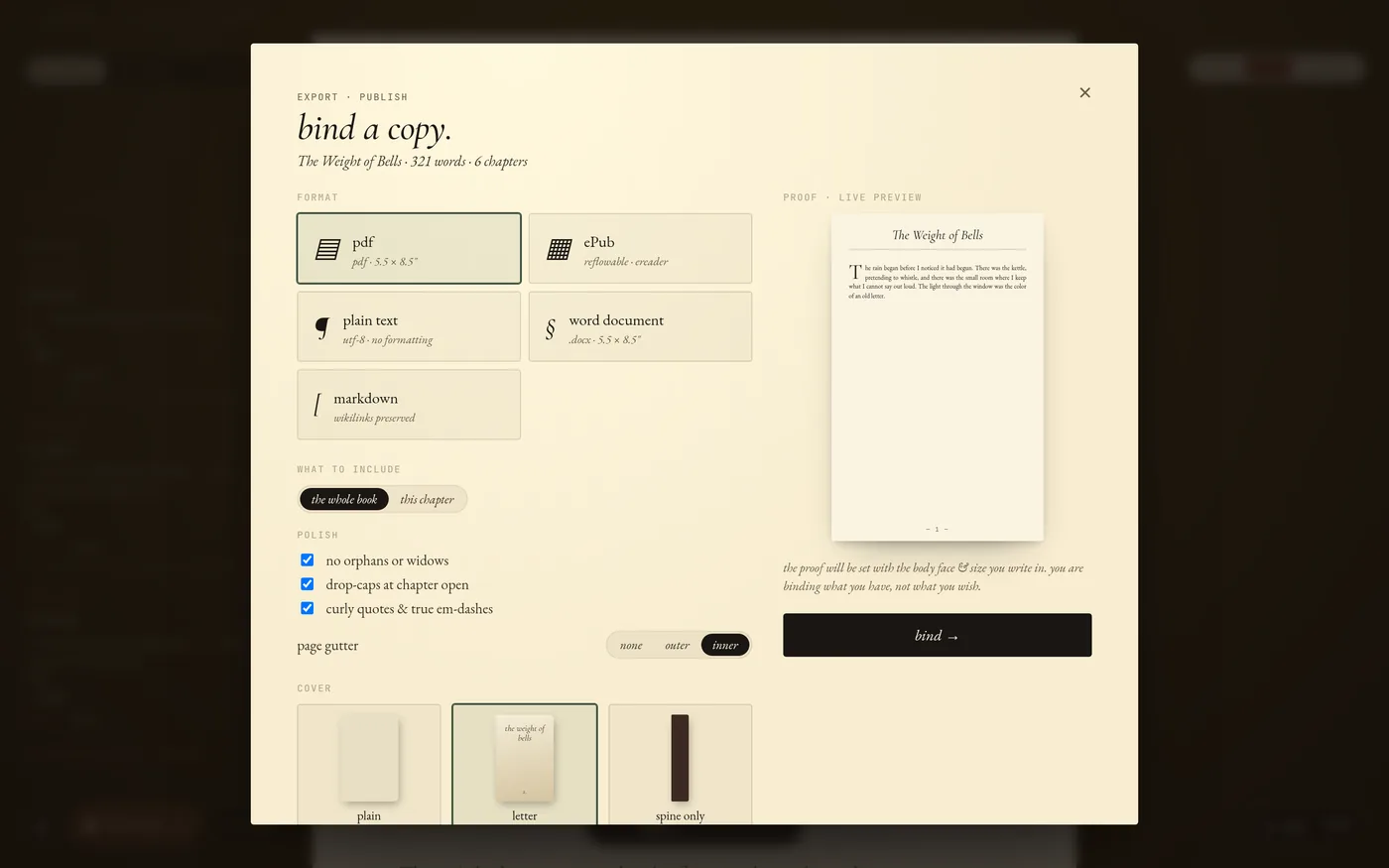 Export and binding with a live proof preview